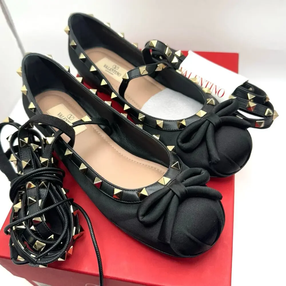 Valentino Garavani Black Gold Rockstud Ballerina Flats EU 38.5